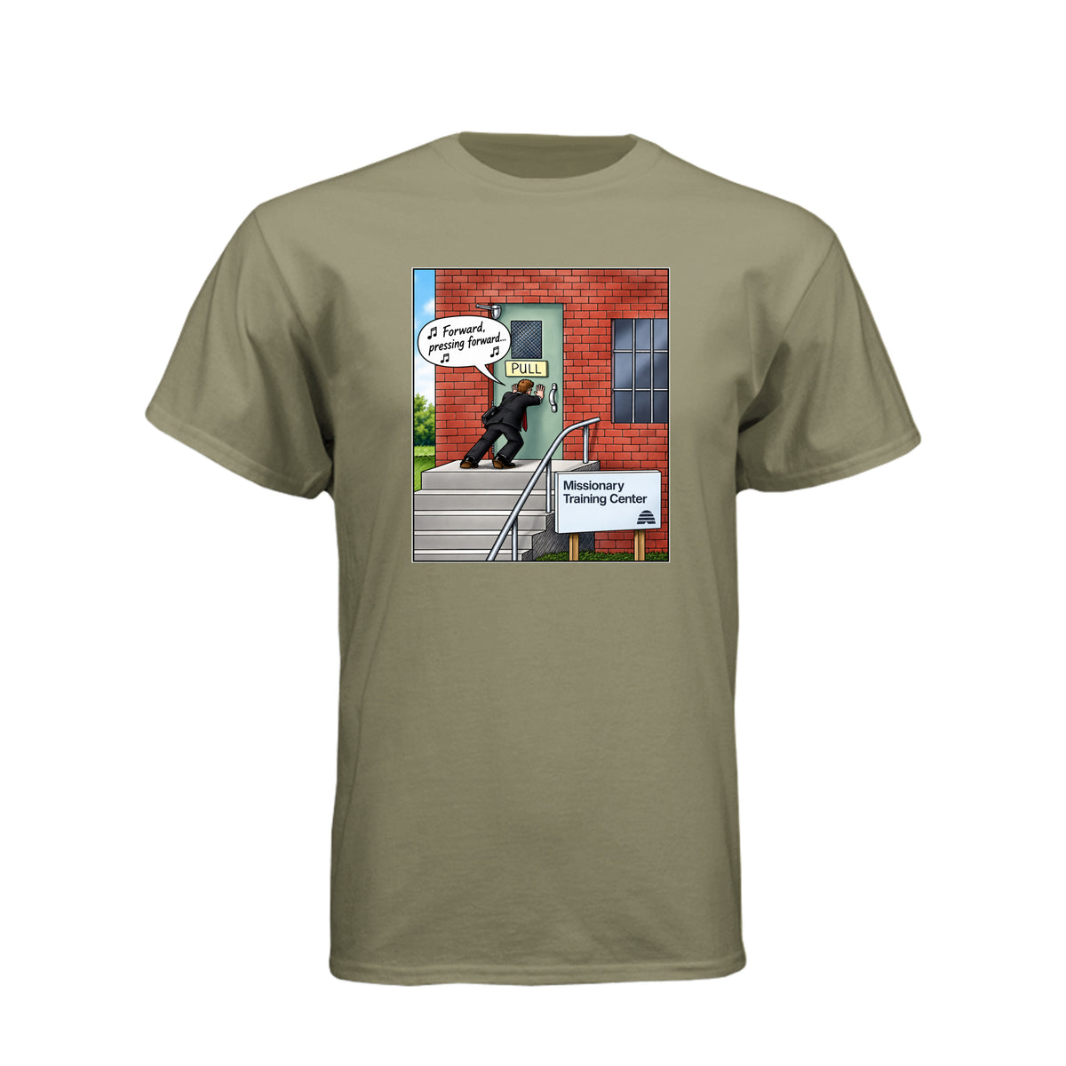 MTC Forward Pressing Forward LDS t-shirt featuring Missionary Training Center and missionary motivation - product view 6