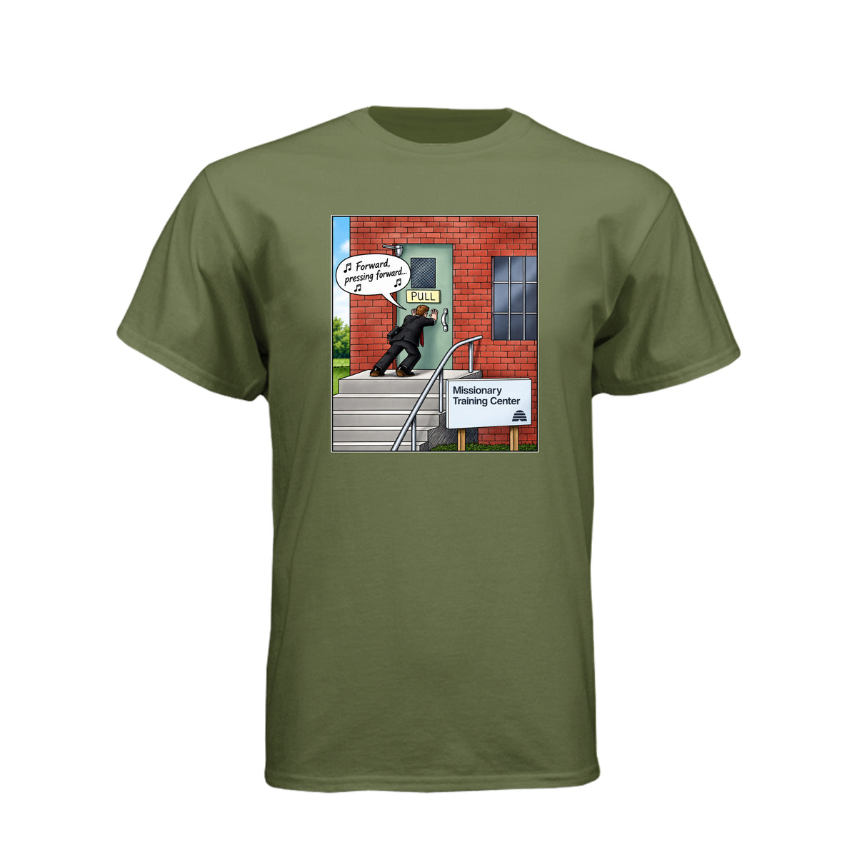 MTC Forward Pressing Forward LDS t-shirt featuring Missionary Training Center and missionary motivation - product view 7