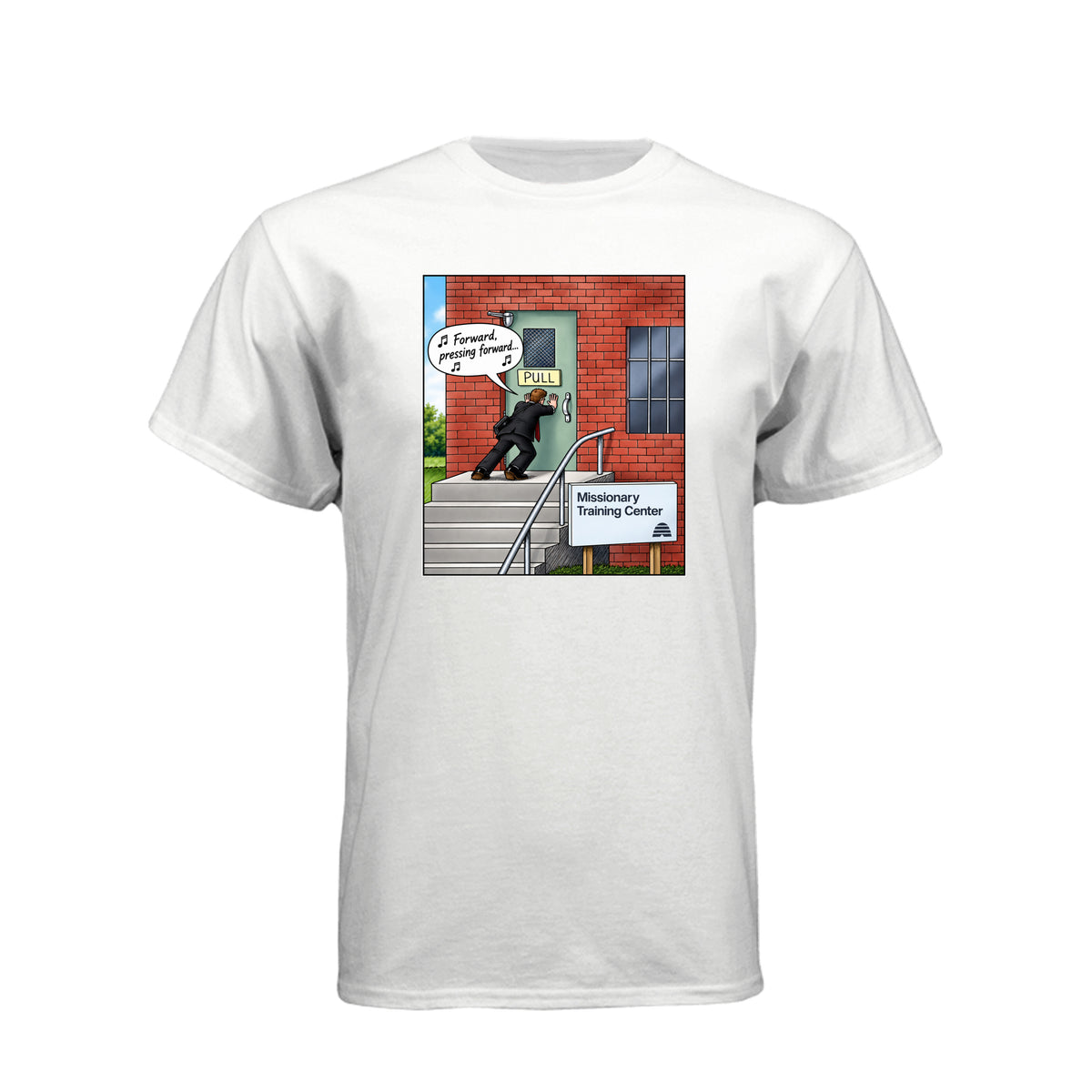 MTC Forward Pressing Forward LDS t-shirt featuring Missionary Training Center and missionary motivation - product view 14