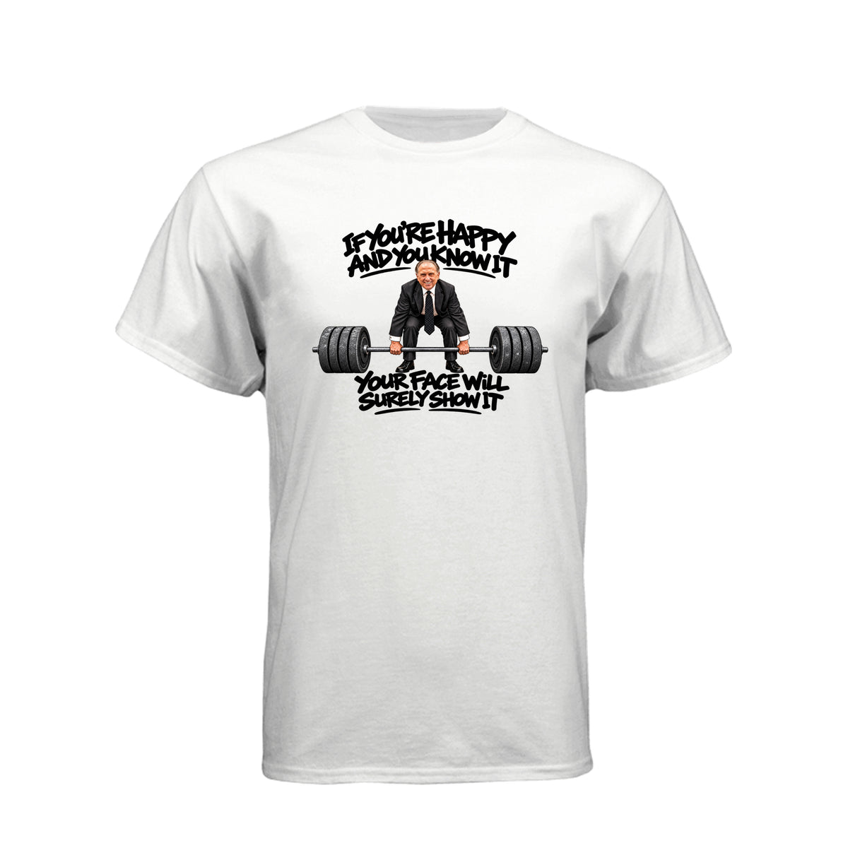 President Thomas S. Monson If You're Happy and You Know It LDS t-shirt featuring beloved prophet and joy message
