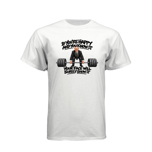 President Thomas S. Monson If You're Happy and You Know It LDS t-shirt featuring beloved prophet and joy message