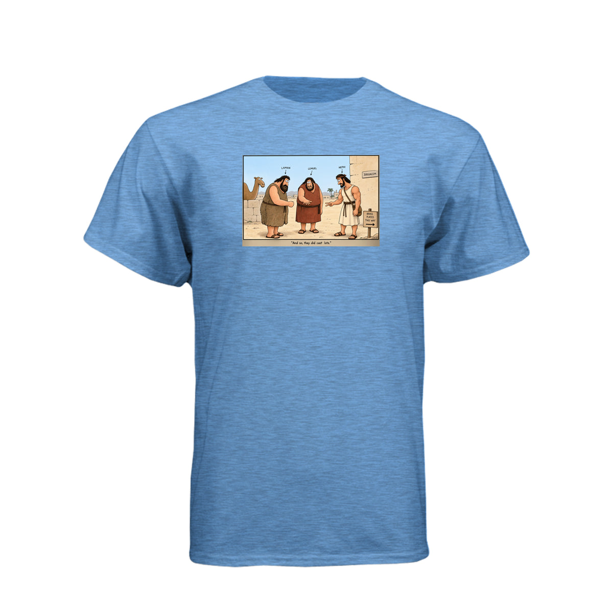 Brass Plates Casting Lots LDS t-shirt featuring Book of Mormon story of Nephi obtaining the plates of brass