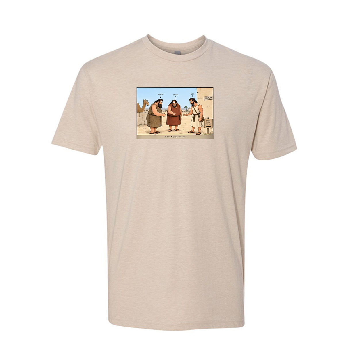 Brass Plates Casting Lots LDS t-shirt featuring Book of Mormon story of Nephi obtaining the plates of brass - product view 2