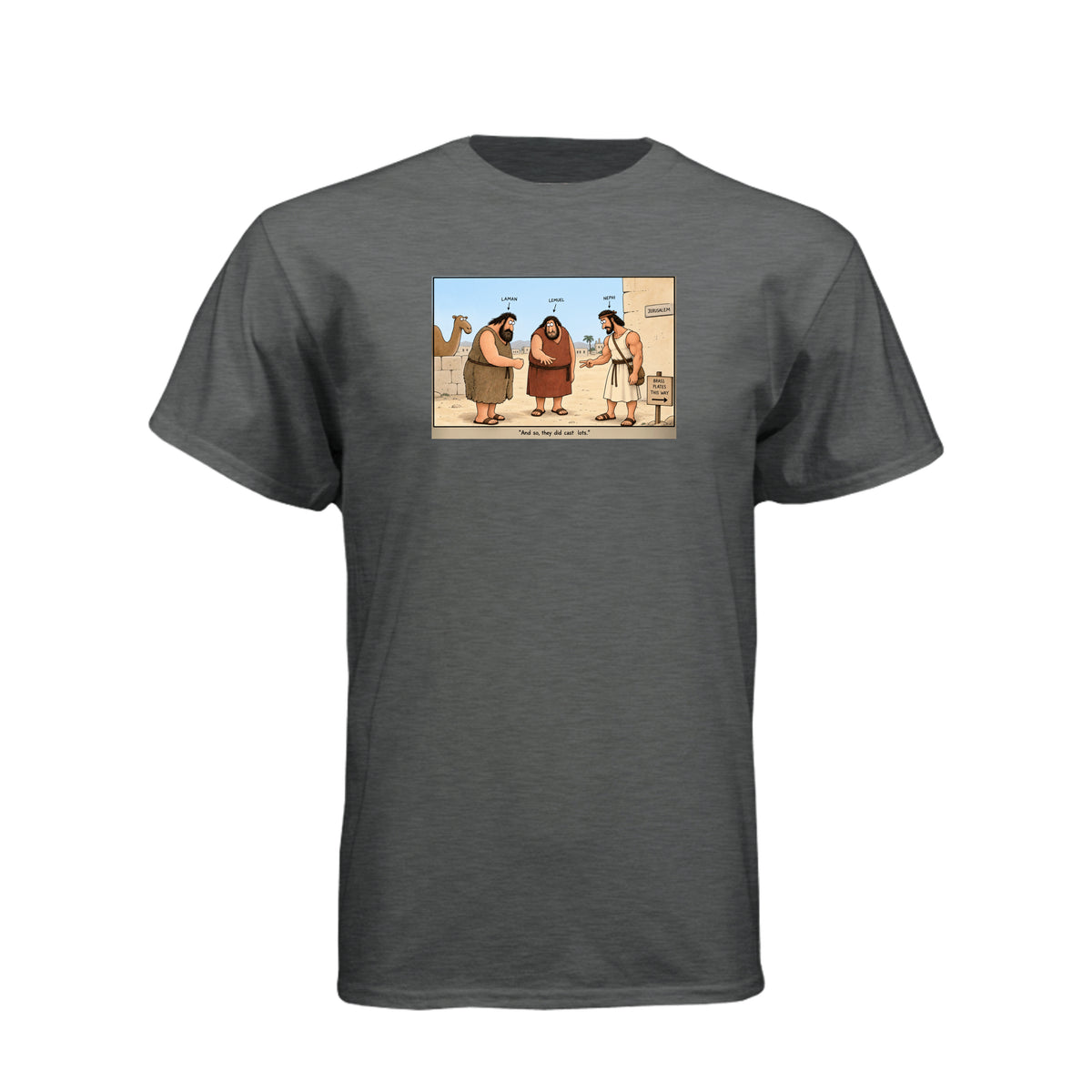 Brass Plates Casting Lots LDS t-shirt featuring Book of Mormon story of Nephi obtaining the plates of brass - product view 3