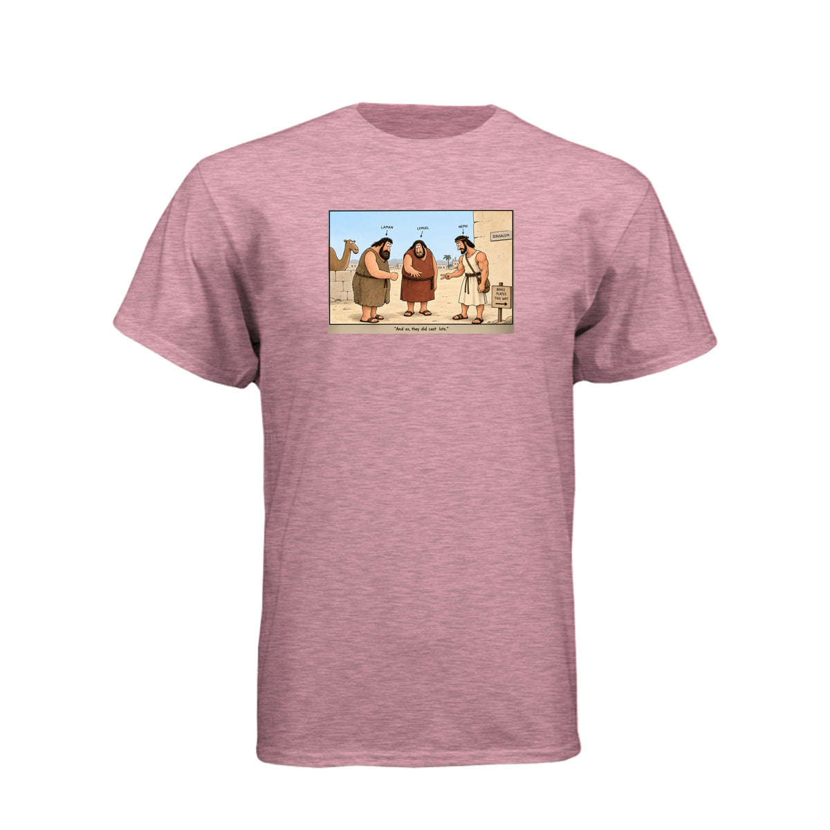 Brass Plates Casting Lots LDS t-shirt featuring Book of Mormon story of Nephi obtaining the plates of brass - product view 4