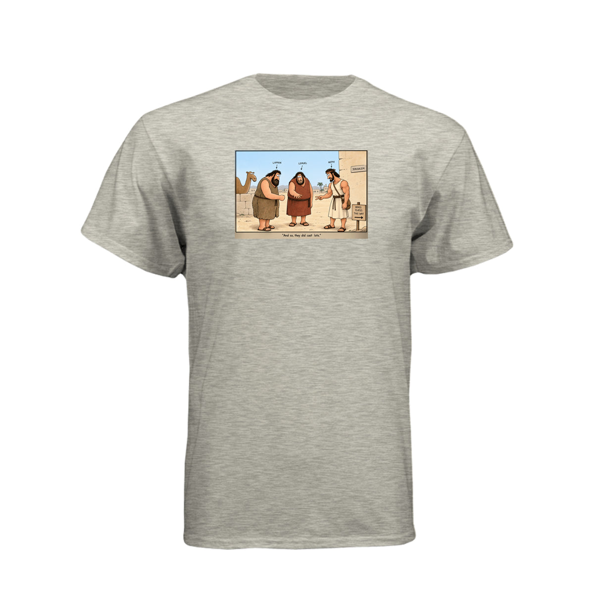 Brass Plates Casting Lots LDS t-shirt featuring Book of Mormon story of Nephi obtaining the plates of brass - product view 5