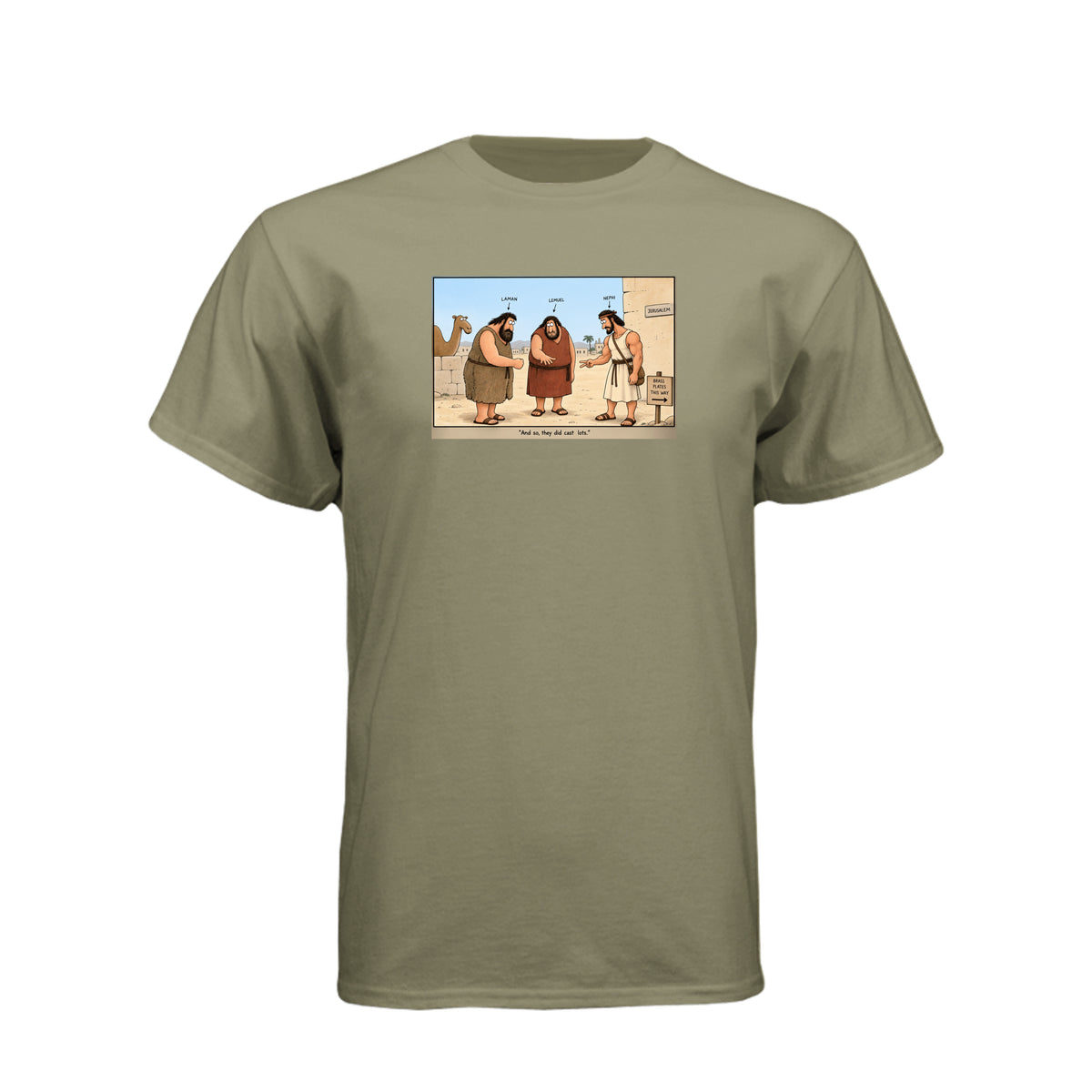 Brass Plates Casting Lots LDS t-shirt featuring Book of Mormon story of Nephi obtaining the plates of brass - product view 6