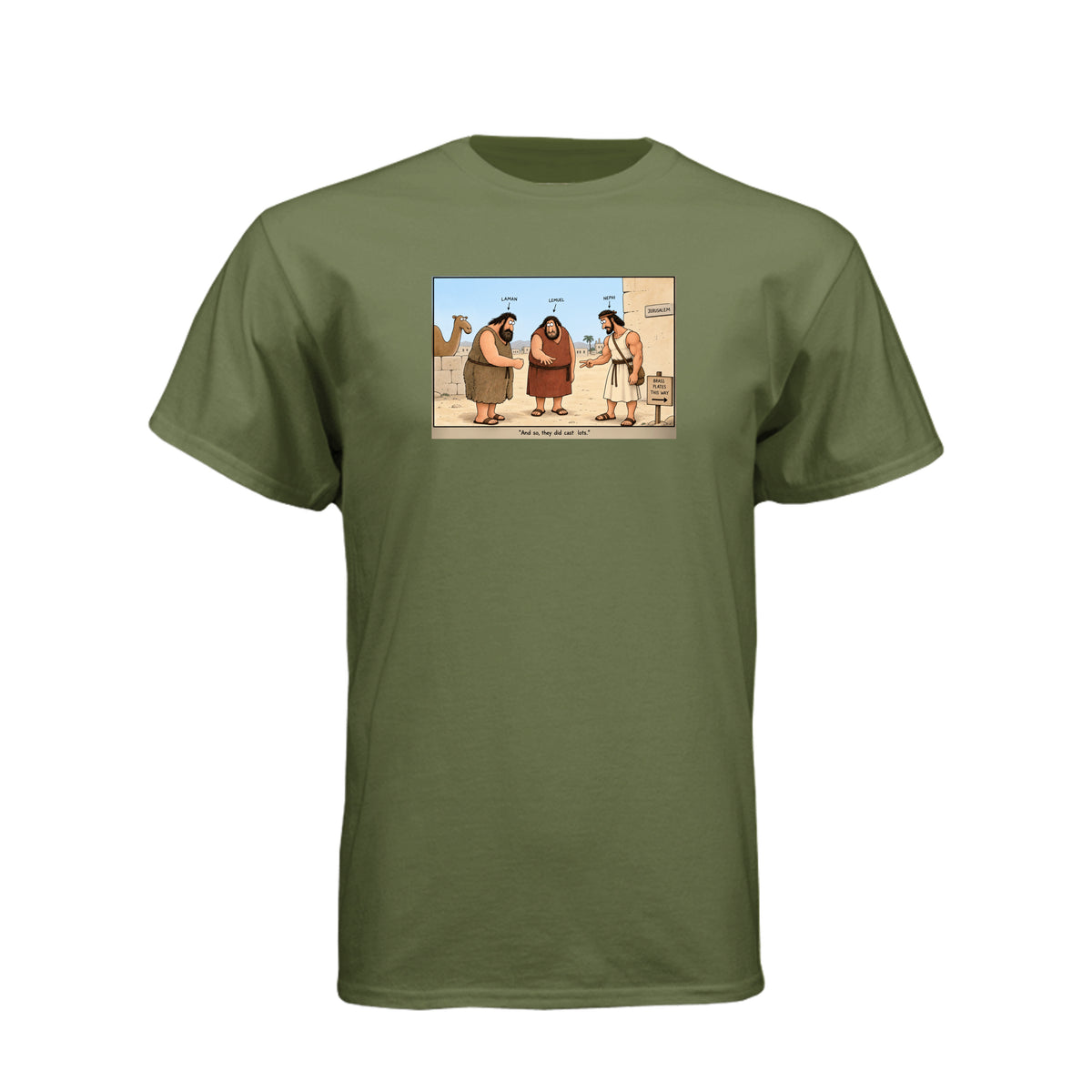 Brass Plates Casting Lots LDS t-shirt featuring Book of Mormon story of Nephi obtaining the plates of brass - product view 7