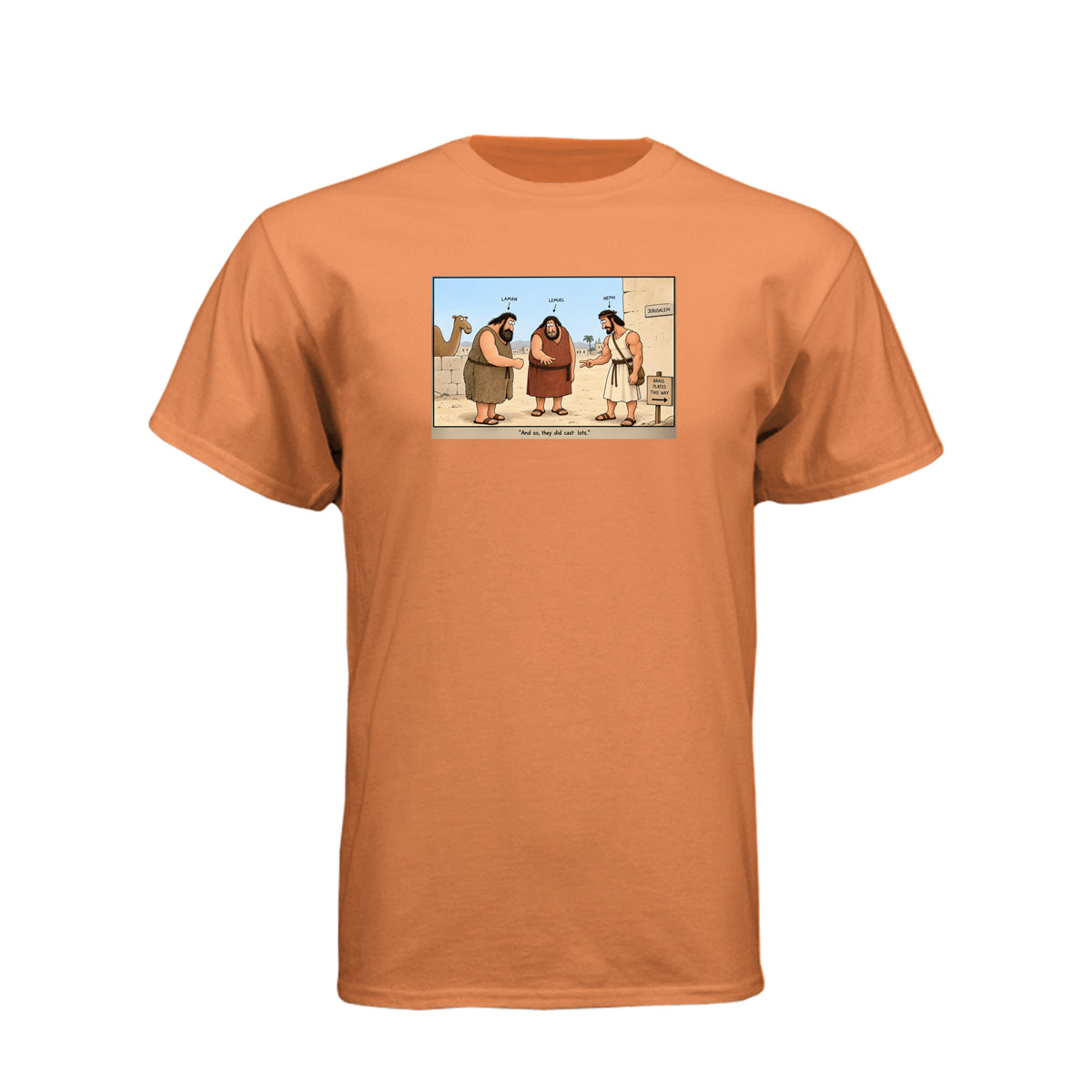 Brass Plates Casting Lots LDS t-shirt featuring Book of Mormon story of Nephi obtaining the plates of brass - product view 8
