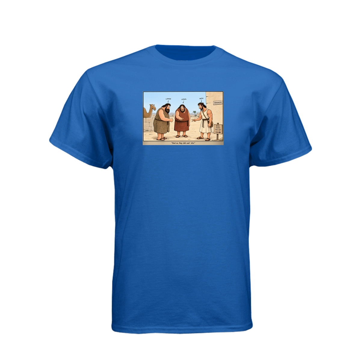 Brass Plates Casting Lots LDS t-shirt featuring Book of Mormon story of Nephi obtaining the plates of brass - product view 9