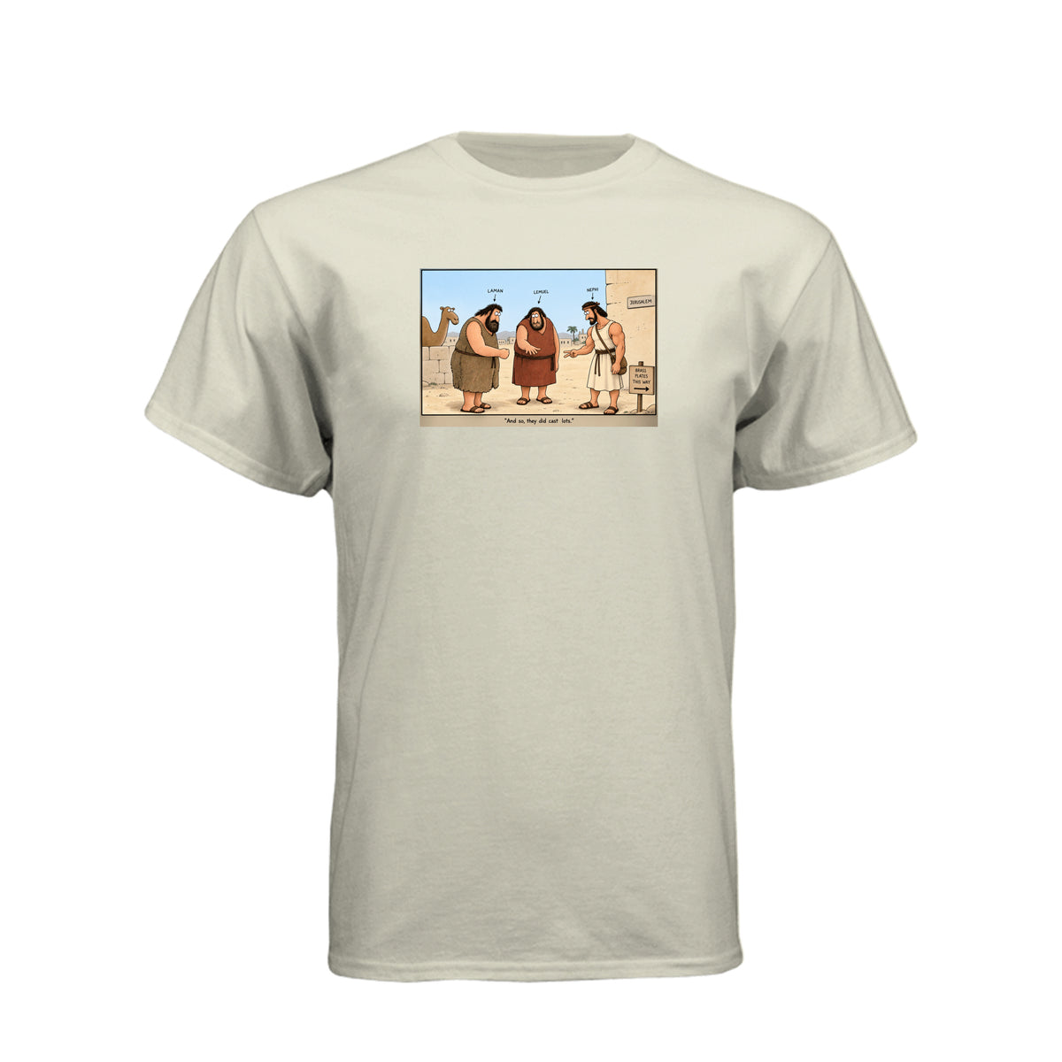 Brass Plates Casting Lots LDS t-shirt featuring Book of Mormon story of Nephi obtaining the plates of brass - product view 10