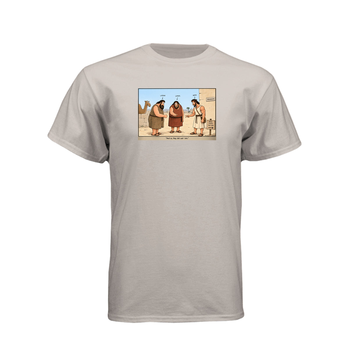 Brass Plates Casting Lots LDS t-shirt featuring Book of Mormon story of Nephi obtaining the plates of brass - product view 11