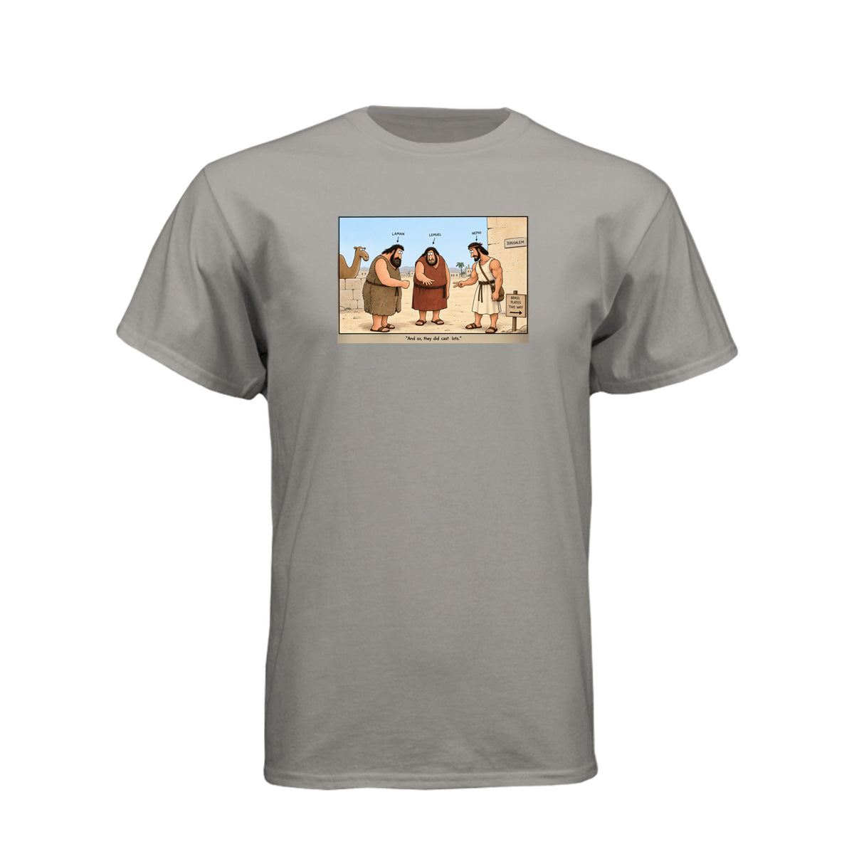 Brass Plates Casting Lots LDS t-shirt featuring Book of Mormon story of Nephi obtaining the plates of brass - product view 12