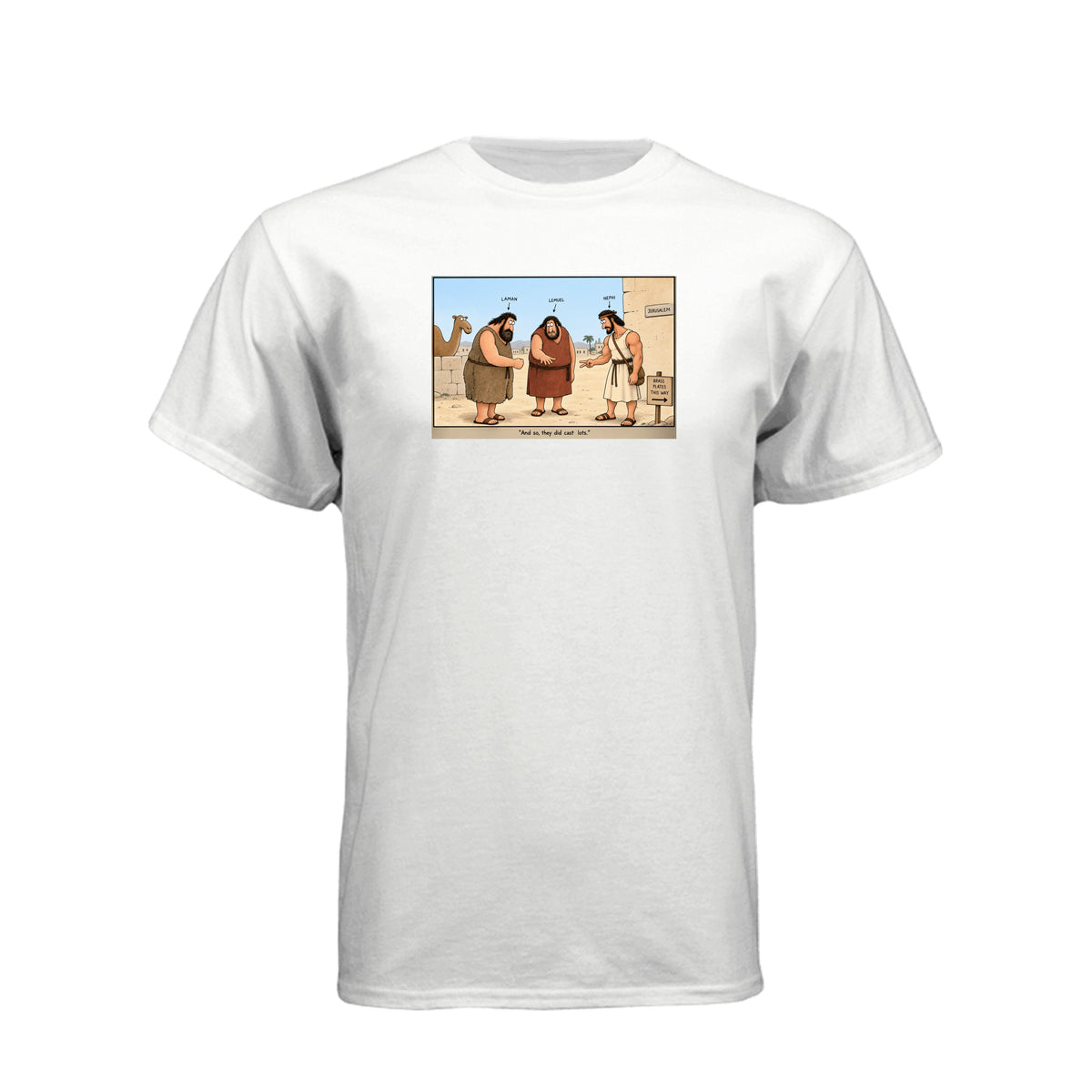 Brass Plates Casting Lots LDS t-shirt featuring Book of Mormon story of Nephi obtaining the plates of brass - product view 14