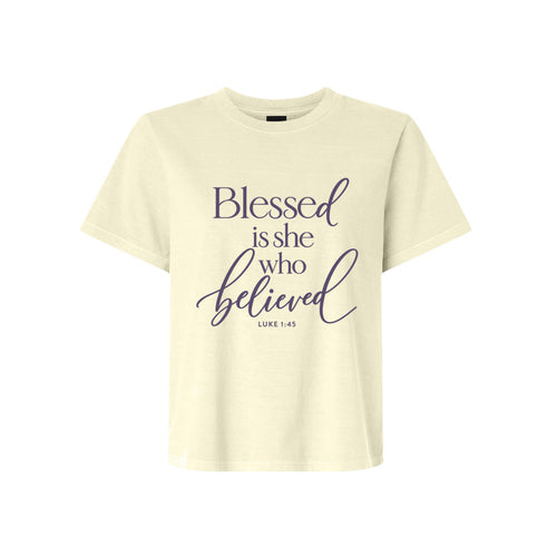 Luke 1:45 Blessed Is She Who Believed LDS t-shirt featuring Bible scripture about Mary and faith - product view 2