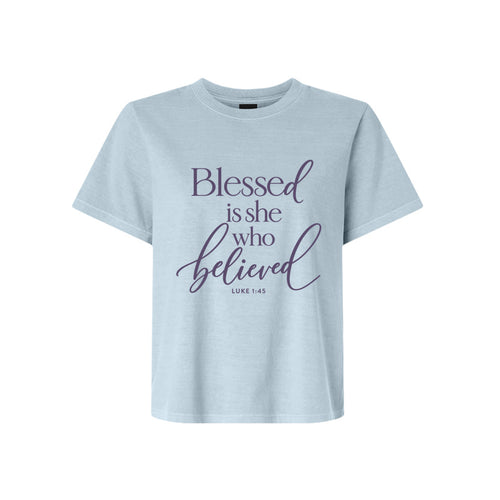 Luke 1:45 Blessed Is She Who Believed LDS t-shirt featuring Bible scripture about Mary and faith