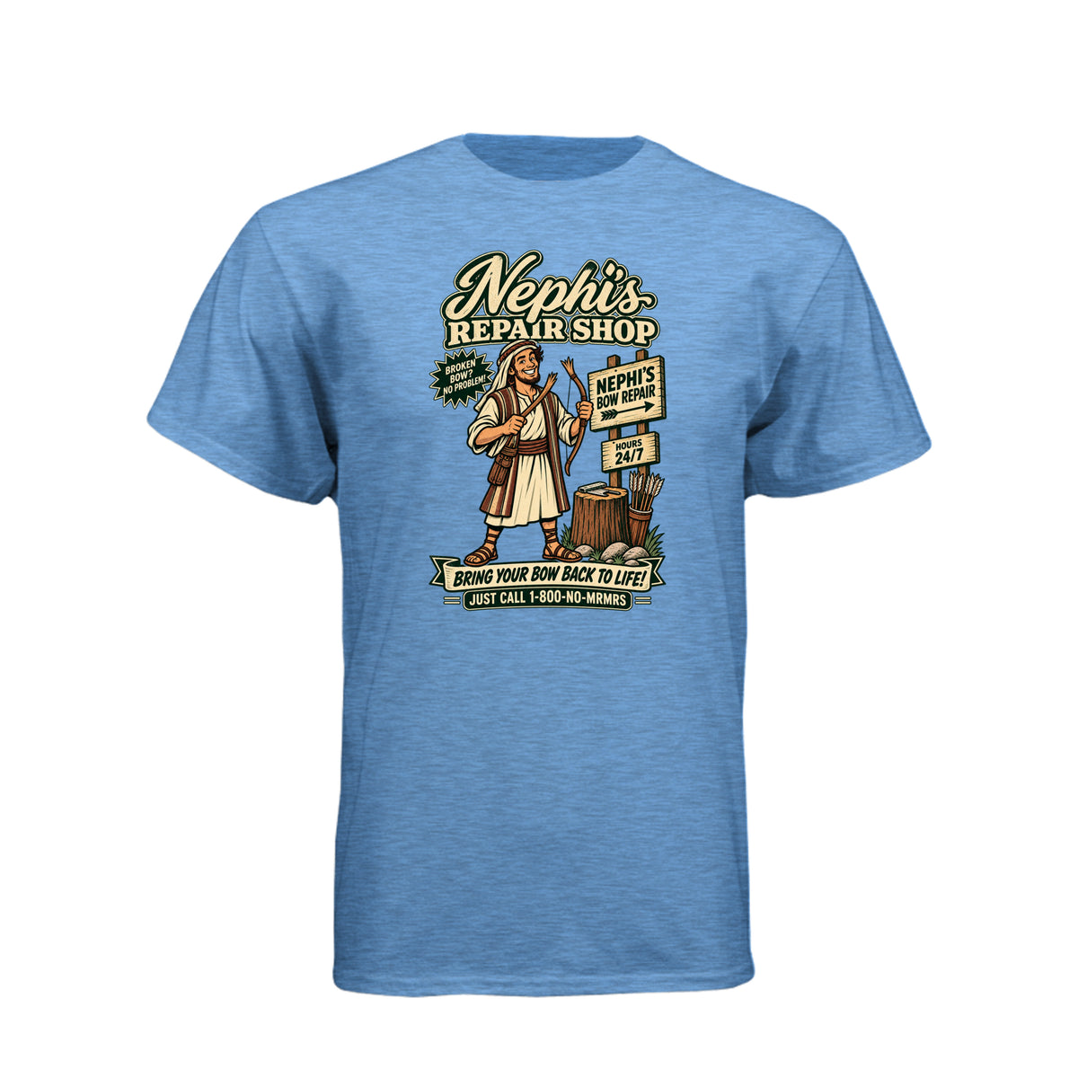 Nephi's Bow Repair Shop LDS t-shirt featuring Book of Mormon story and humor about Nephi making a new bow - product view 3