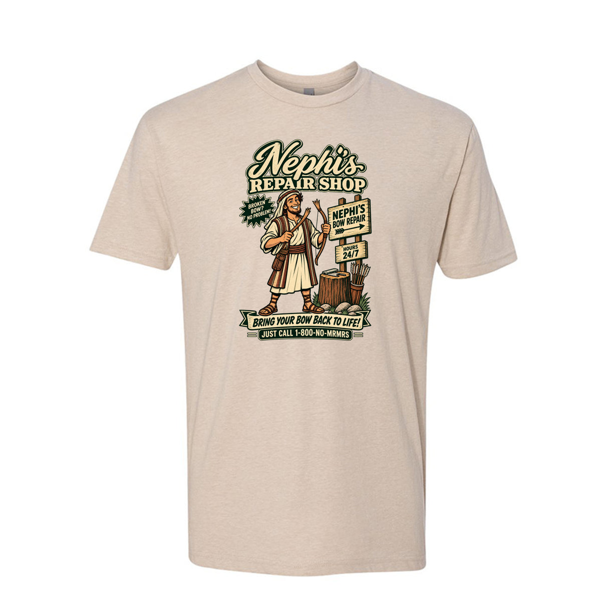 Nephi's Bow Repair Shop LDS t-shirt featuring Book of Mormon story and humor about Nephi making a new bow - product view 4