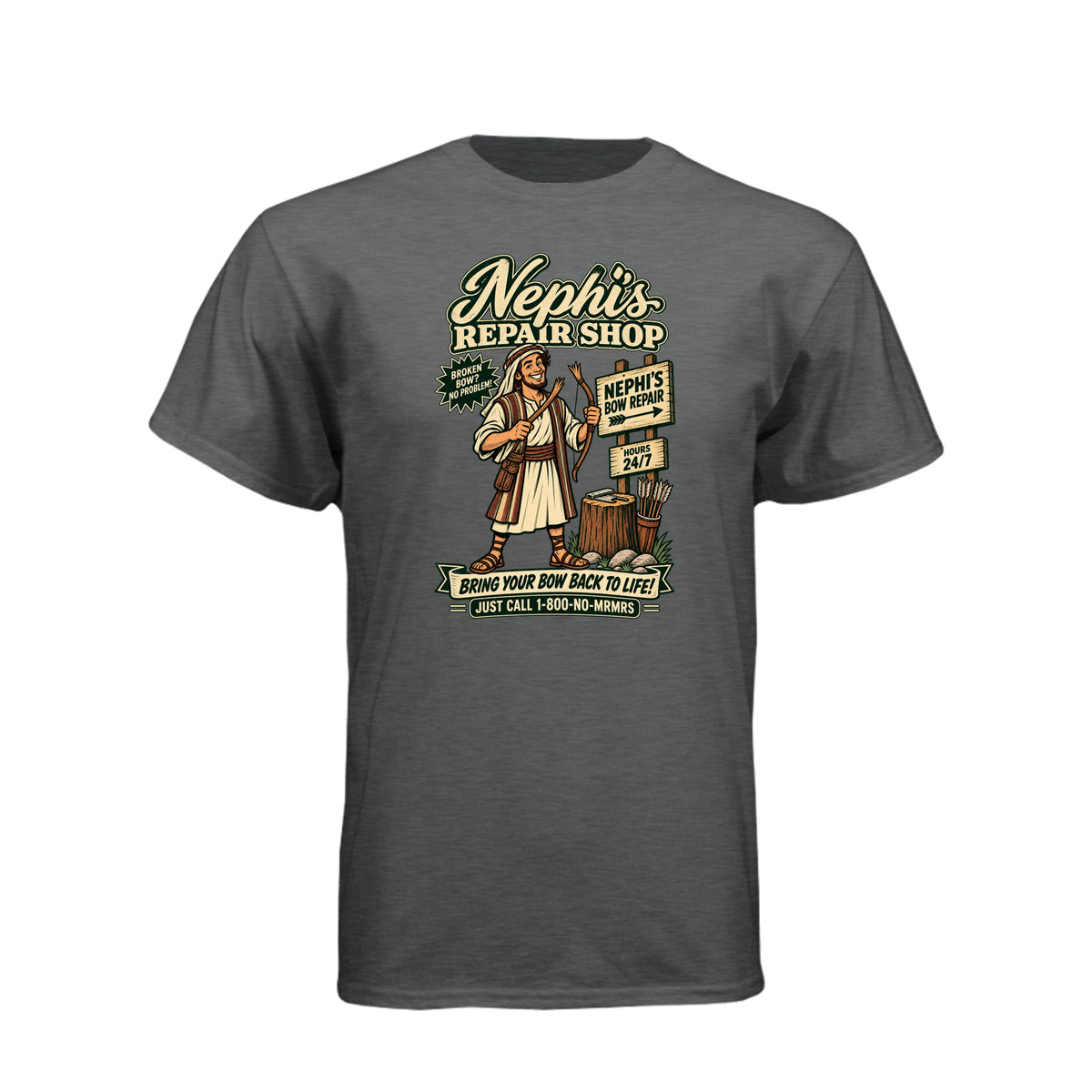 Nephi's Bow Repair Shop LDS t-shirt featuring Book of Mormon story and humor about Nephi making a new bow - product view 5