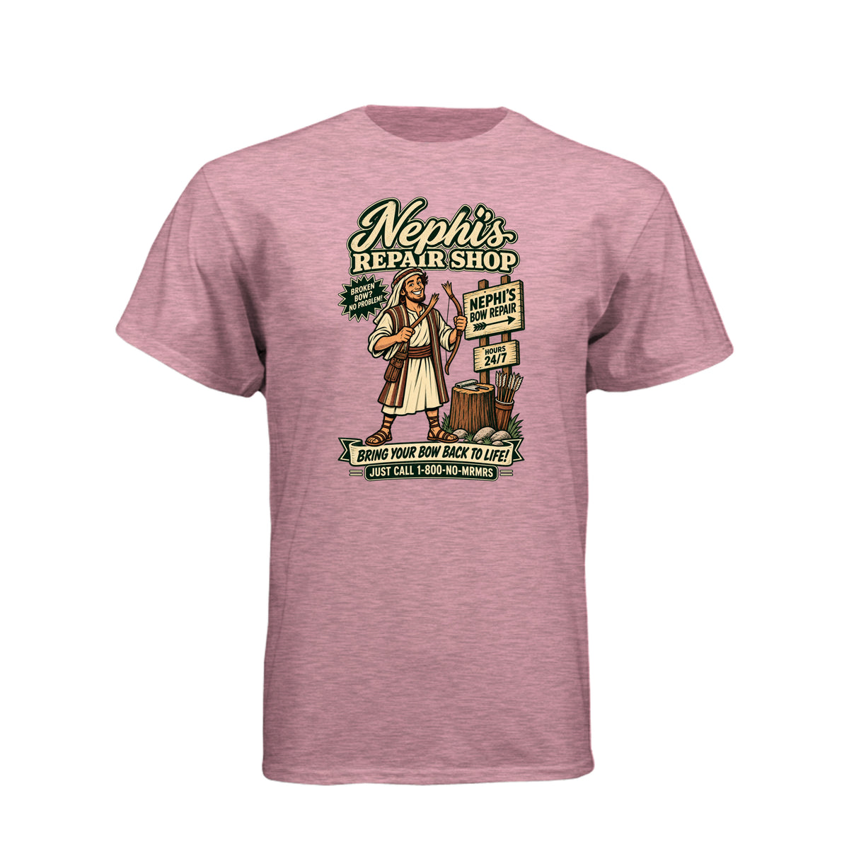 Nephi's Bow Repair Shop LDS t-shirt featuring Book of Mormon story and humor about Nephi making a new bow - product view 6