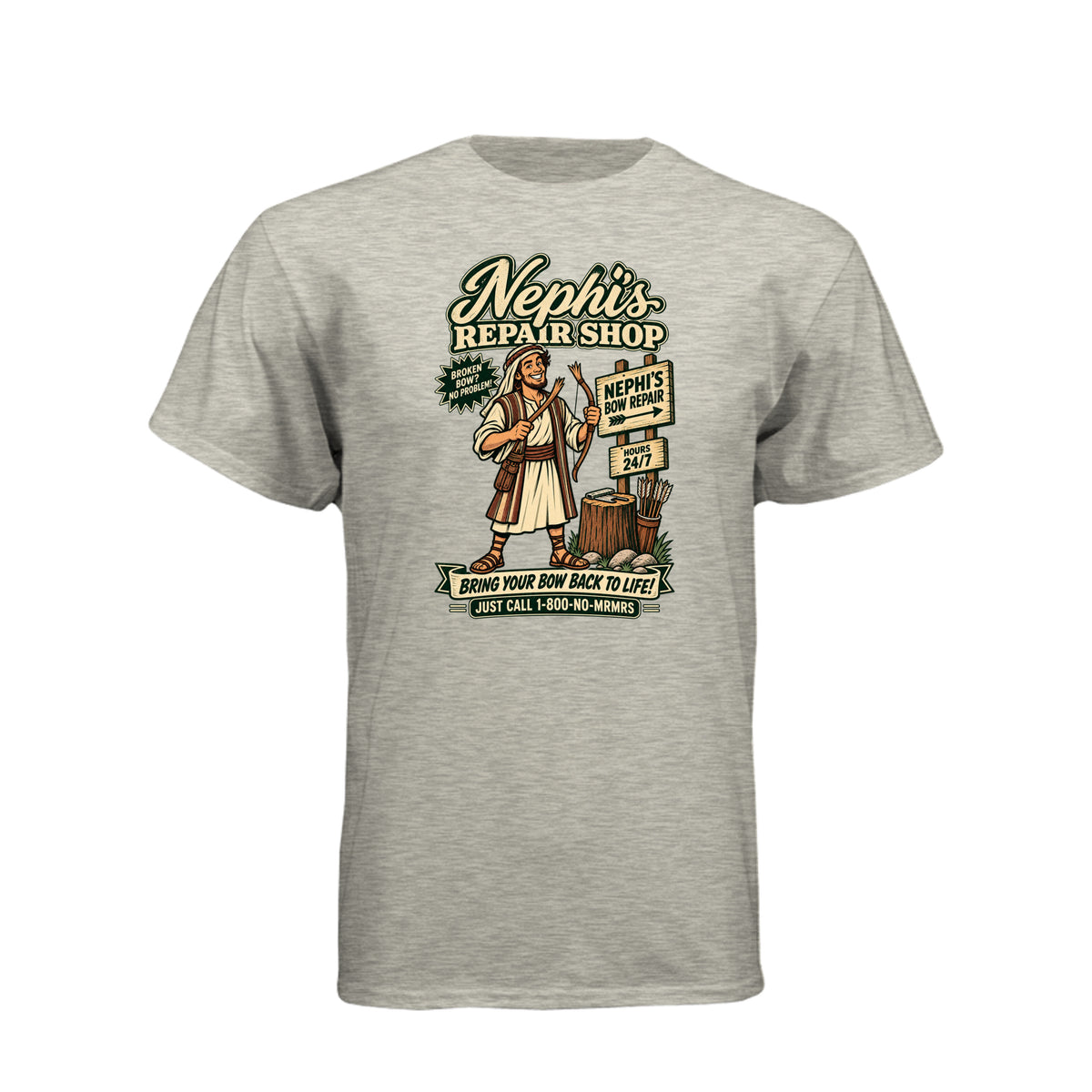 Nephi's Bow Repair Shop LDS t-shirt featuring Book of Mormon story and humor about Nephi making a new bow - product view 7