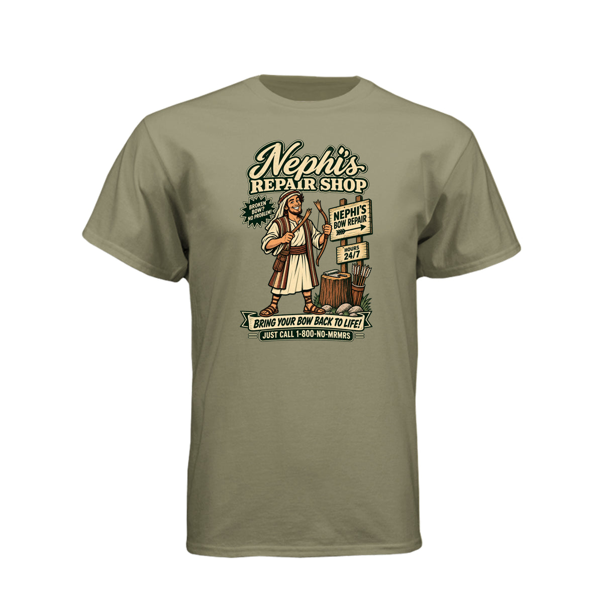 Nephi's Bow Repair Shop LDS t-shirt featuring Book of Mormon story and humor about Nephi making a new bow - product view 8