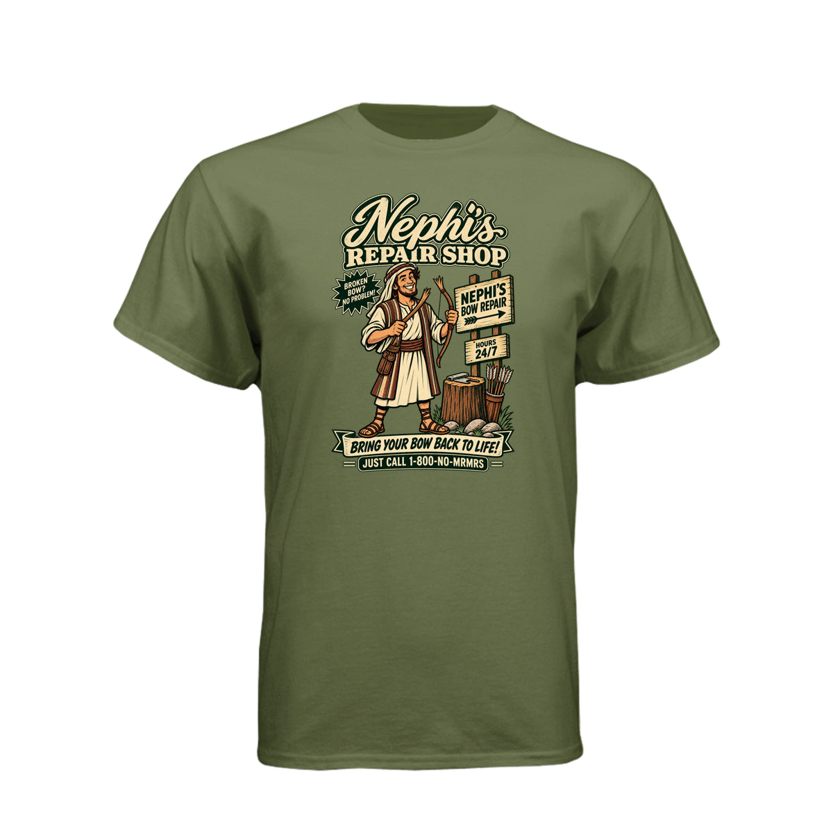 Nephi's Bow Repair Shop LDS t-shirt featuring Book of Mormon story and humor about Nephi making a new bow - product view 9