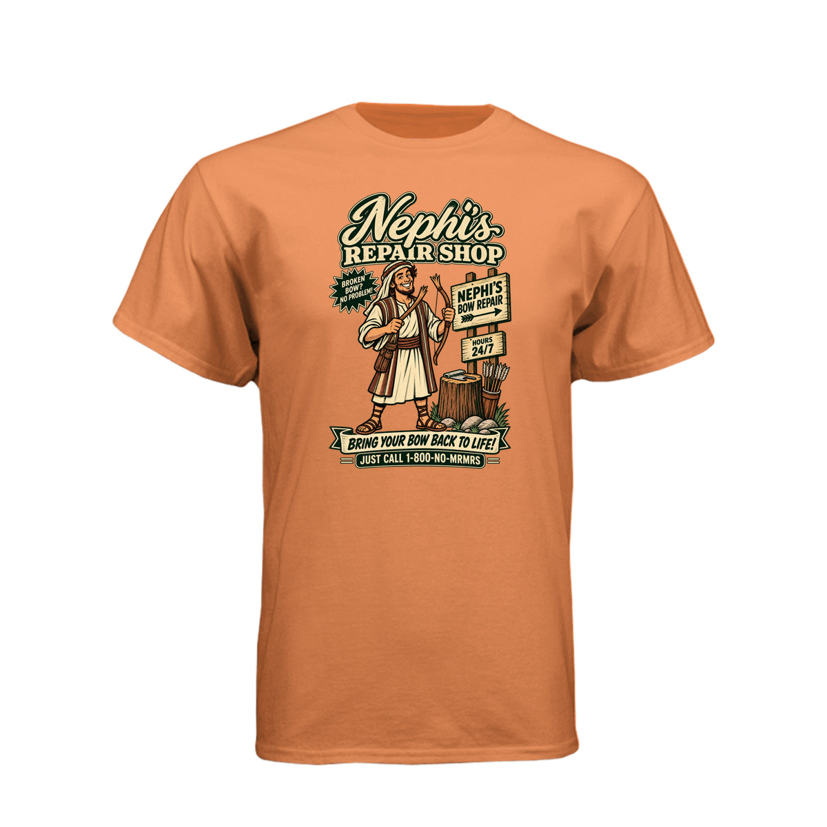Nephi's Bow Repair Shop LDS t-shirt featuring Book of Mormon story and humor about Nephi making a new bow - product view 10