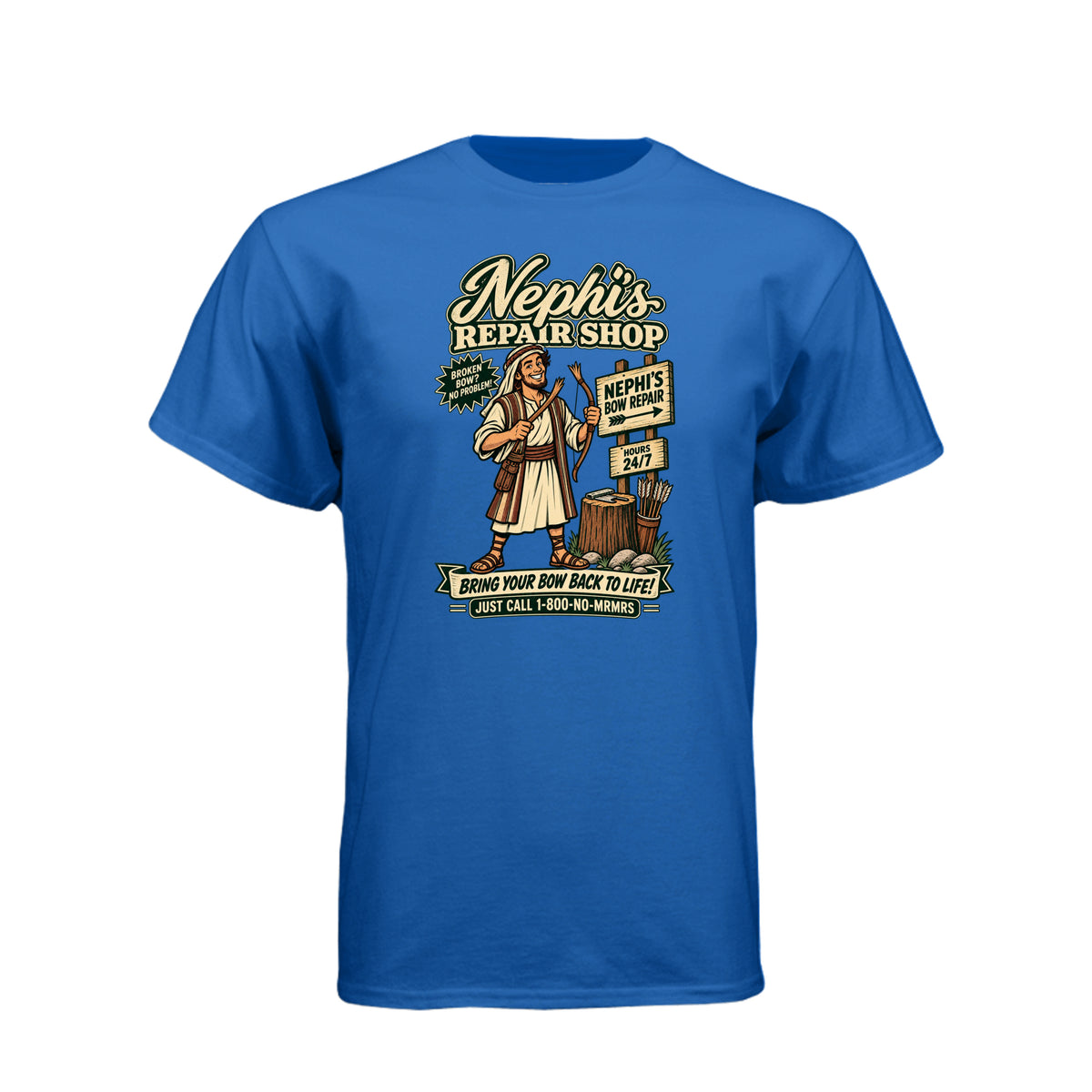 Nephi's Bow Repair Shop LDS t-shirt featuring Book of Mormon story and humor about Nephi making a new bow - product view 11