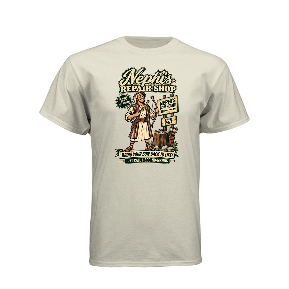 Nephi's Bow Repair Shop LDS t-shirt featuring Book of Mormon story and humor about Nephi making a new bow - product view 12