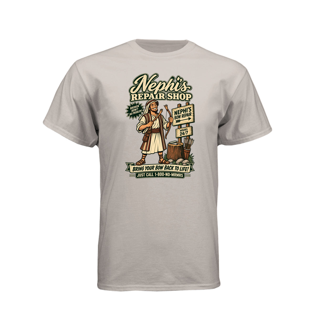 Nephi's Bow Repair Shop LDS t-shirt featuring Book of Mormon story and humor about Nephi making a new bow - product view 2