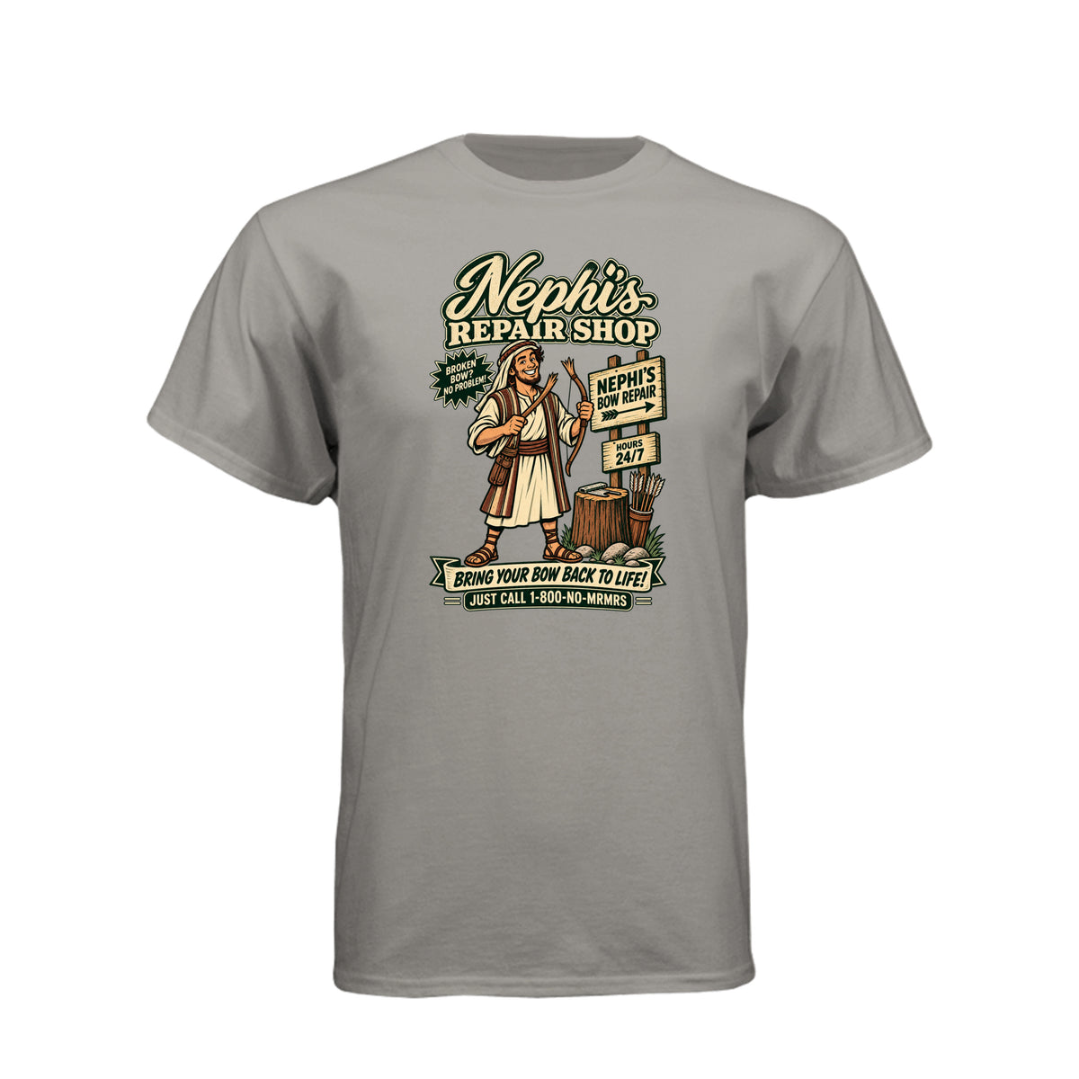 Nephi's Bow Repair Shop LDS t-shirt featuring Book of Mormon story and humor about Nephi making a new bow - product view 13