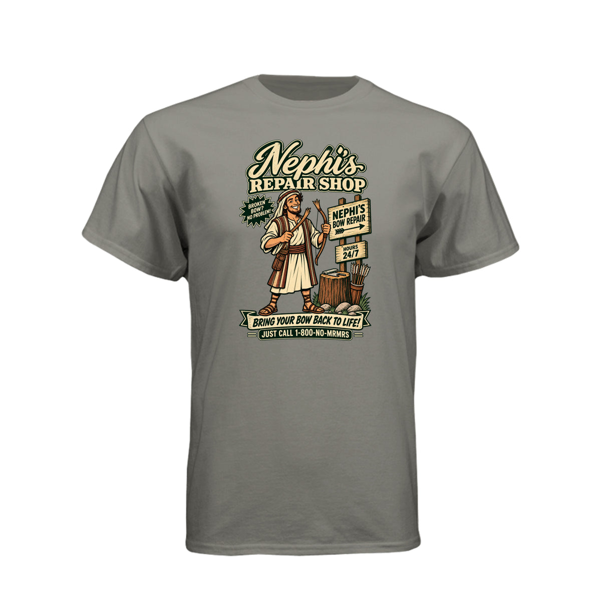 Nephi's Bow Repair Shop LDS t-shirt featuring Book of Mormon story and humor about Nephi making a new bow