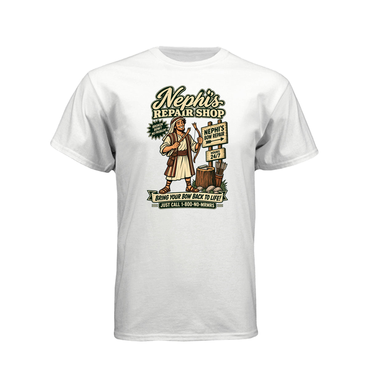 Nephi's Bow Repair Shop LDS t-shirt featuring Book of Mormon story and humor about Nephi making a new bow - product view 14