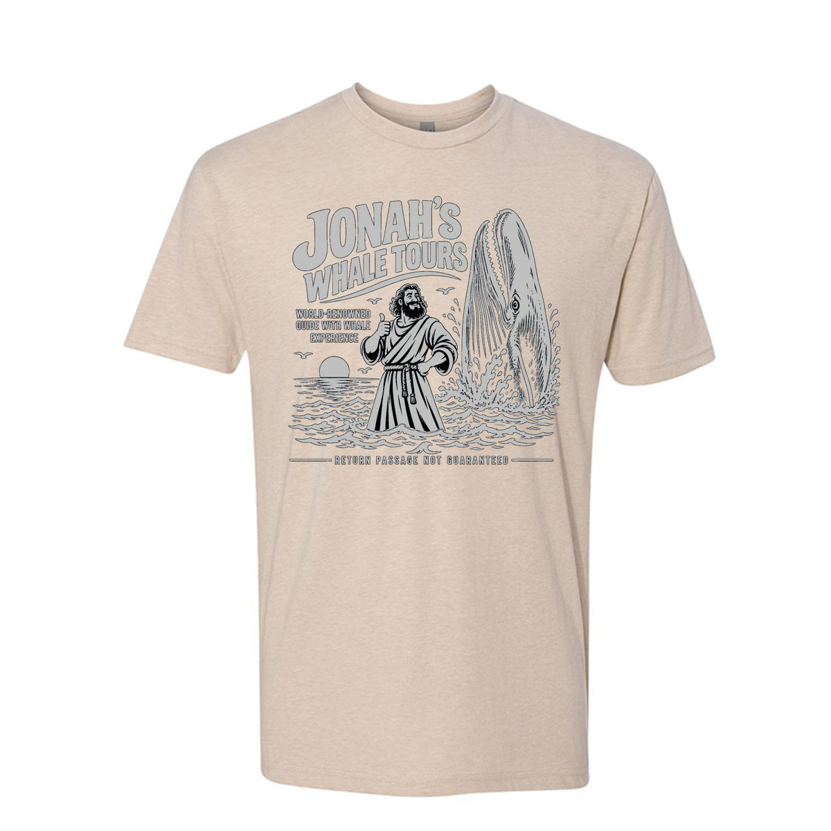 Jonah Whale Tours LDS t-shirt featuring biblical prophet and humor about Jonah and the whale - product view 2