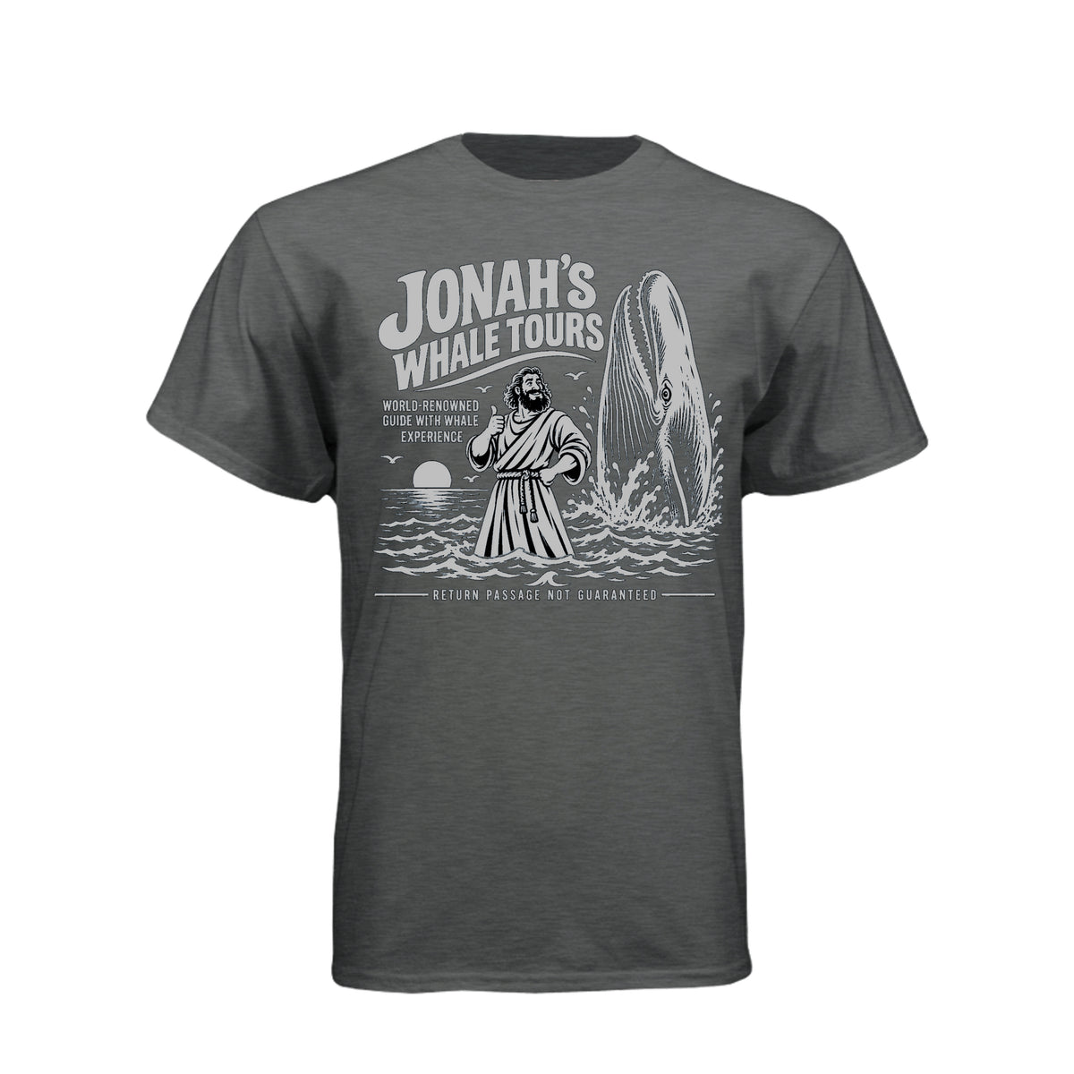 Jonah Whale Tours LDS t-shirt featuring biblical prophet and humor about Jonah and the whale - product view 3