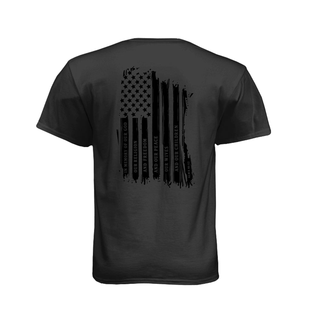 Captain Moroni Title of Liberty LDS t-shirt featuring Book of Mormon warrior and the title of liberty flag - product view 6