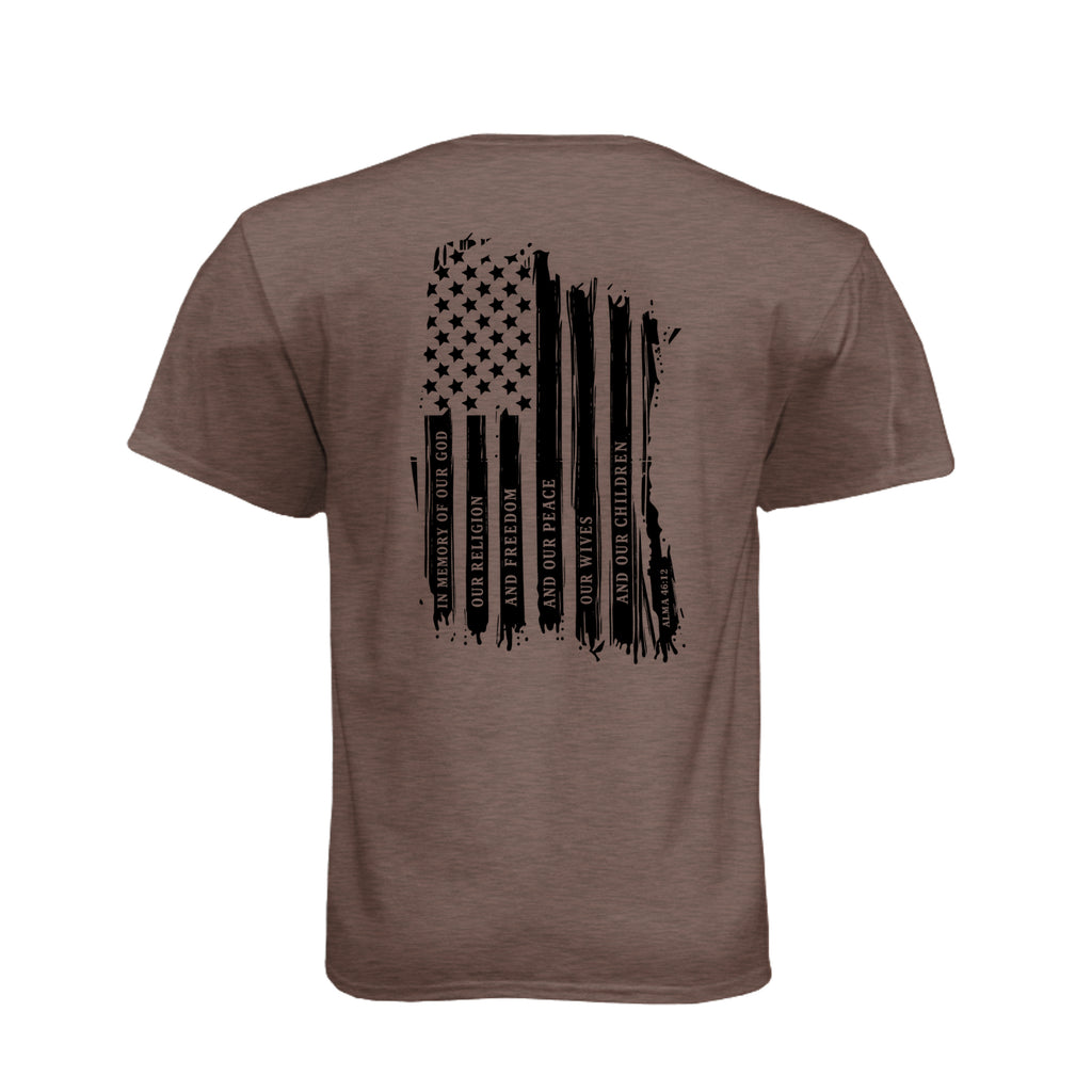 Captain Moroni Title of Liberty LDS t-shirt featuring Book of Mormon warrior and the title of liberty flag - product view 2