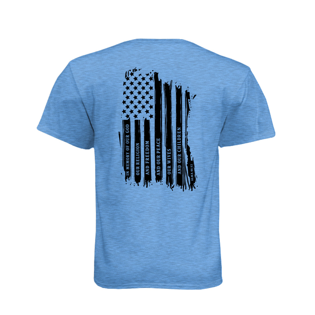 Captain Moroni Title of Liberty LDS t-shirt featuring Book of Mormon warrior and the title of liberty flag - product view 8