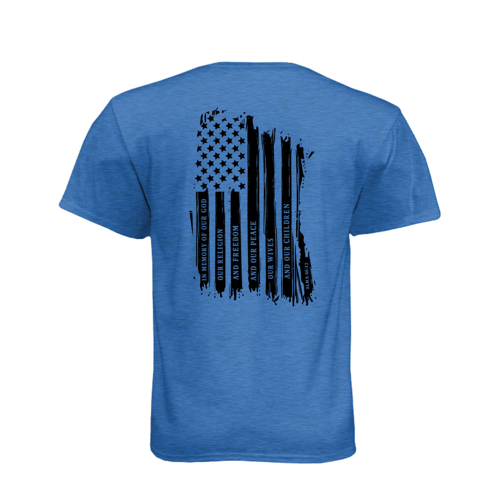 Captain Moroni Title of Liberty LDS t-shirt featuring Book of Mormon warrior and the title of liberty flag - product view 10