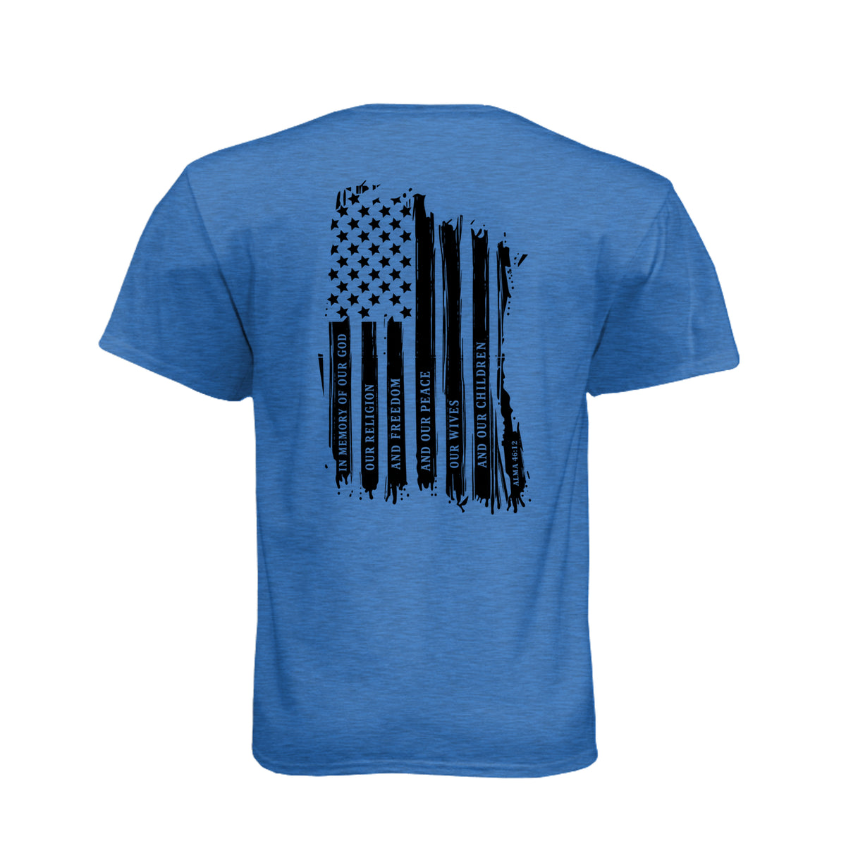 Captain Moroni Title of Liberty LDS t-shirt featuring Book of Mormon warrior and the title of liberty flag - product view 10