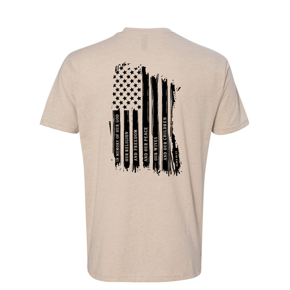 Captain Moroni Title of Liberty LDS t-shirt featuring Book of Mormon warrior and the title of liberty flag - product view 12