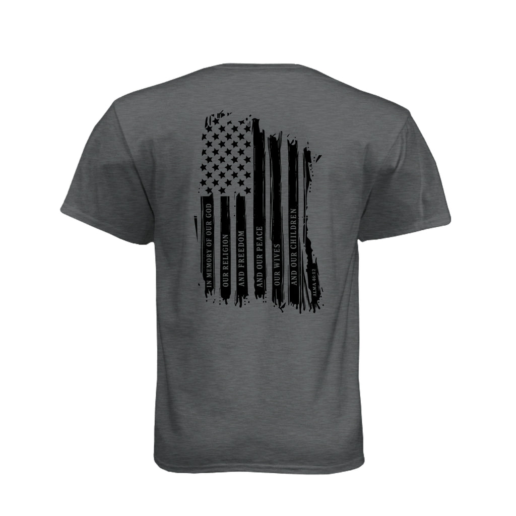 Captain Moroni Title of Liberty LDS t-shirt featuring Book of Mormon warrior and the title of liberty flag - product view 14