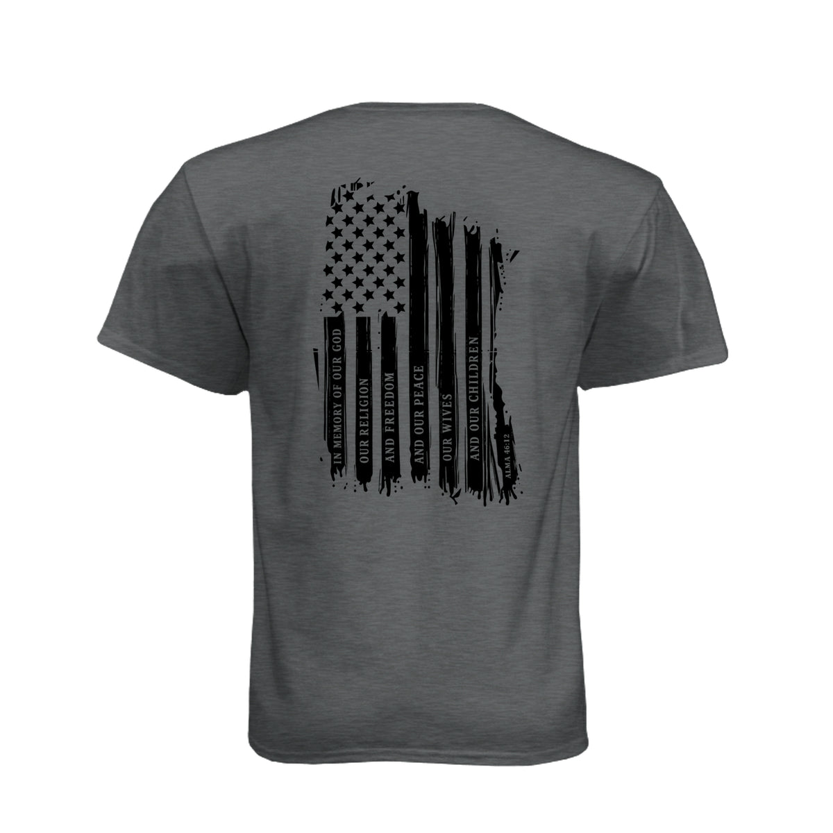 Captain Moroni Title of Liberty LDS t-shirt featuring Book of Mormon warrior and the title of liberty flag - product view 14