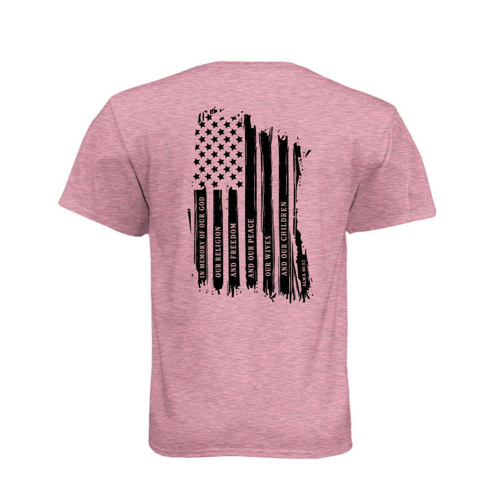 Captain Moroni Title of Liberty LDS t-shirt featuring Book of Mormon warrior and the title of liberty flag - product view 16