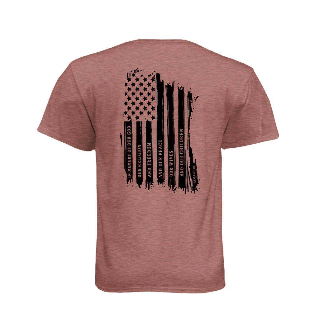 Captain Moroni Title of Liberty LDS t-shirt featuring Book of Mormon warrior and the title of liberty flag - product view 18