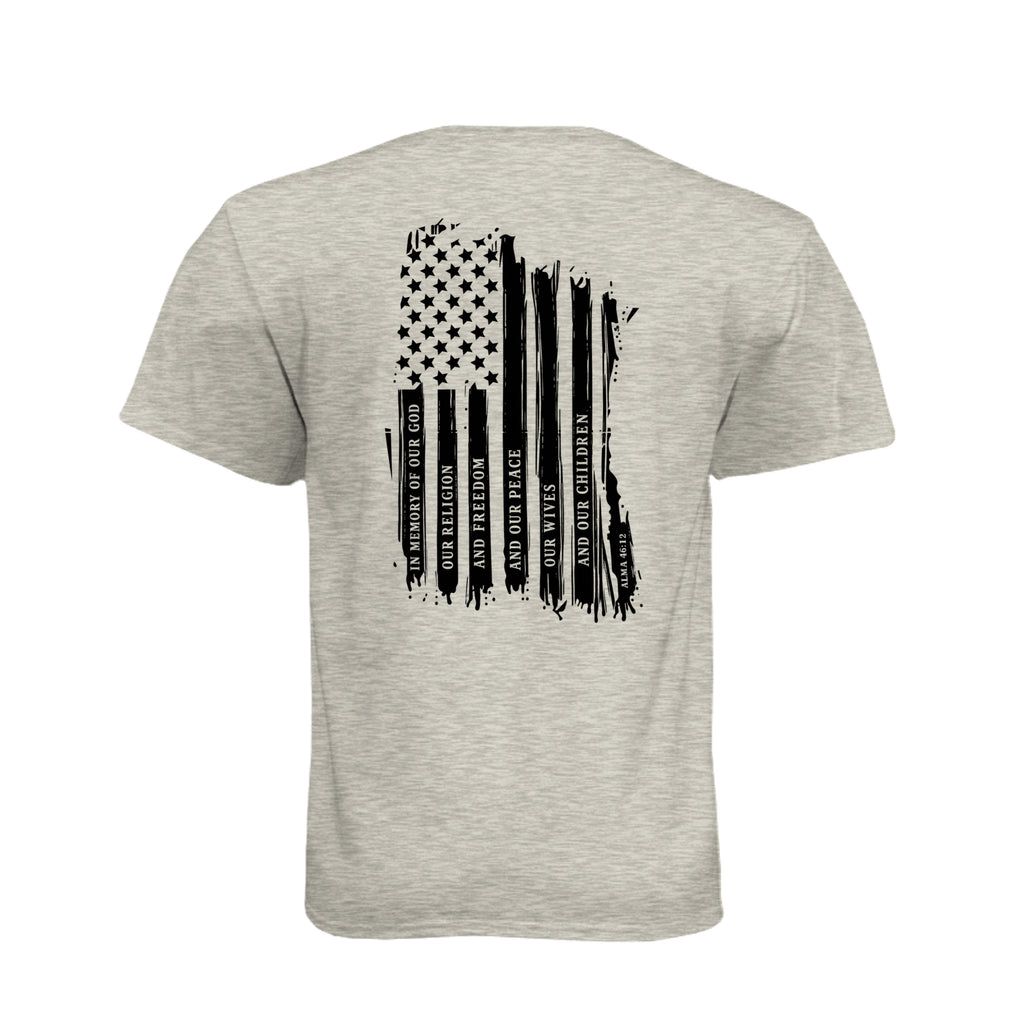 Captain Moroni Title of Liberty LDS t-shirt featuring Book of Mormon warrior and the title of liberty flag - product view 20