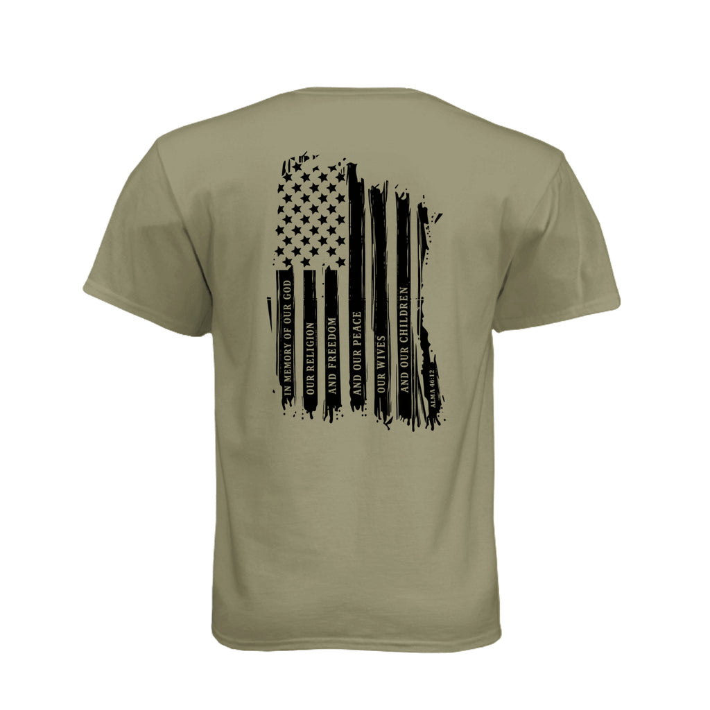 Captain Moroni Title of Liberty LDS t-shirt featuring Book of Mormon warrior and the title of liberty flag - product view 4