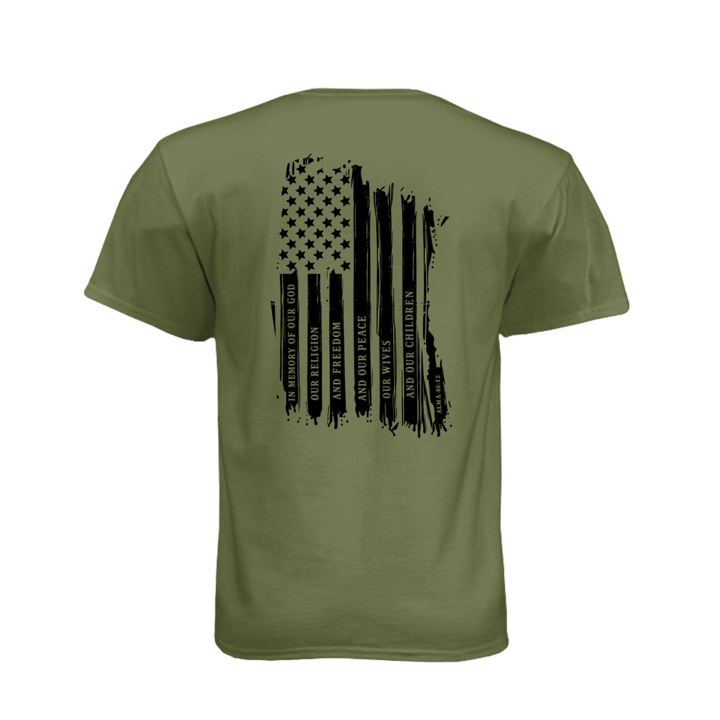 Captain Moroni Title of Liberty LDS t-shirt featuring Book of Mormon warrior and the title of liberty flag - product view 22