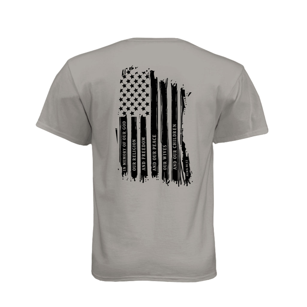 Captain Moroni Title of Liberty LDS t-shirt featuring Book of Mormon warrior and the title of liberty flag - product view 24